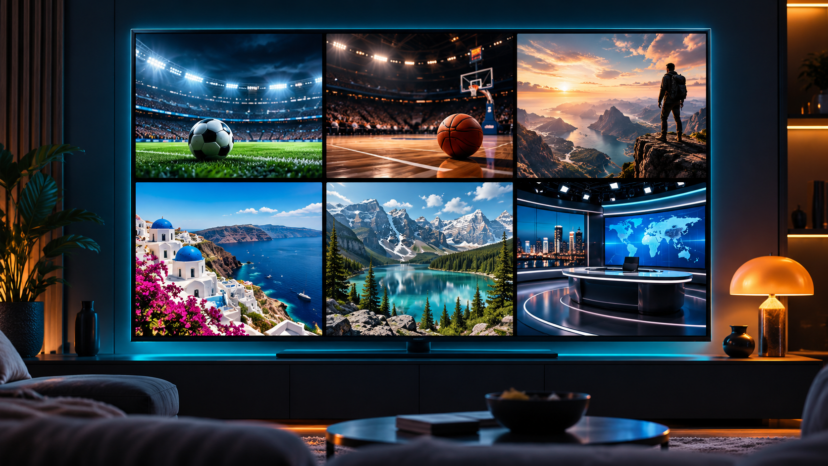 Illustrative television with sports, cinema, Greek scenery and news categories