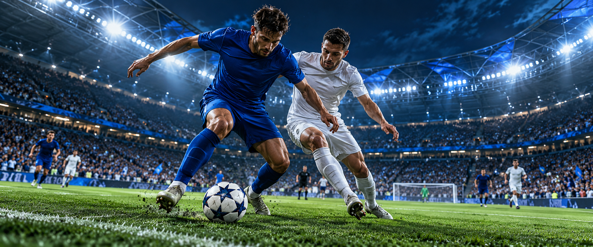 Football action in a floodlit stadium